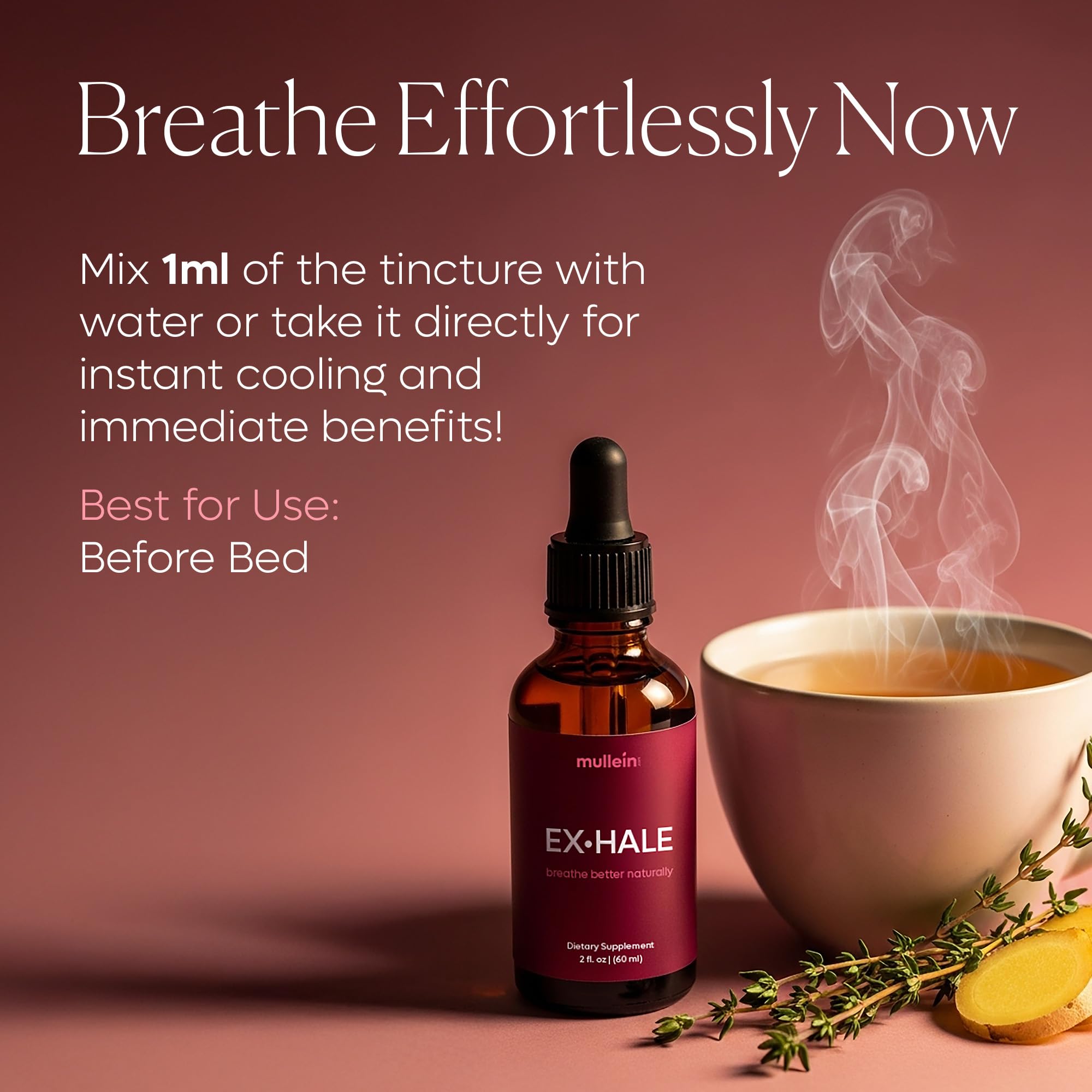 Ingredients collage showing turmeric, ginger, cinnamon and raw honey with Mullein Exhale Drops.