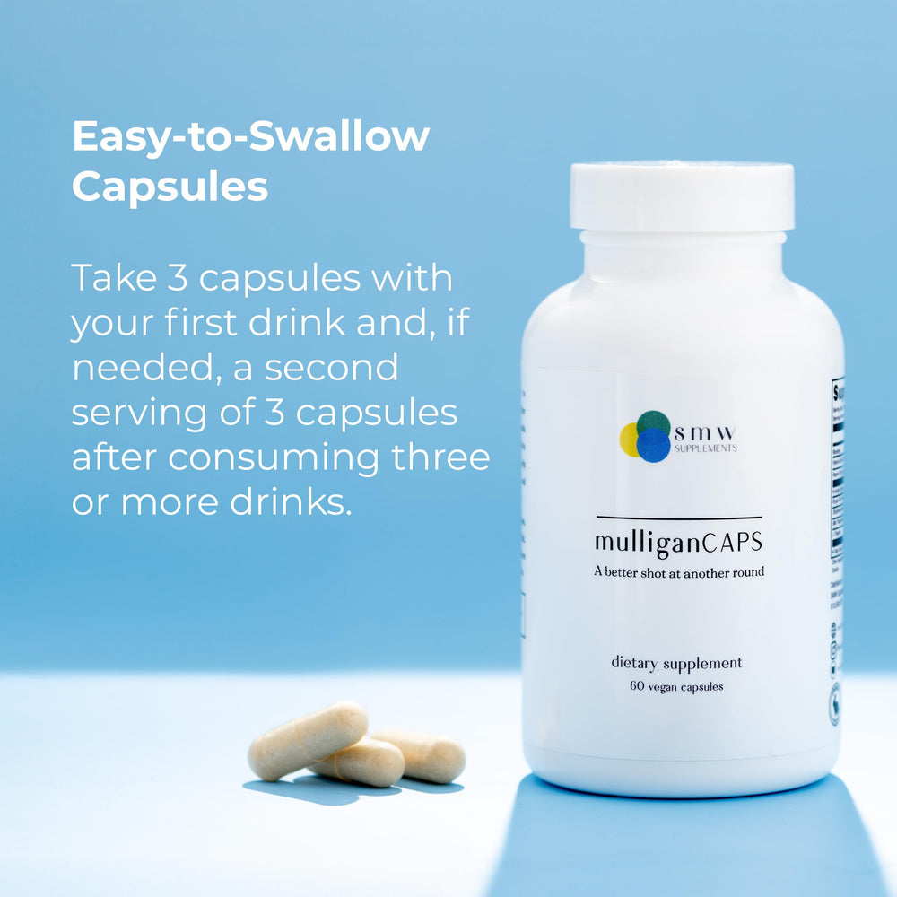 MulliganCaps electrolyte visual beside glass suggests hydration support