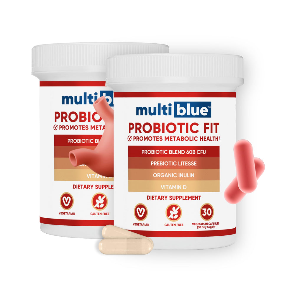 MultiBlue Probiotic Fit bottle and capsules for daily gut balance and overall wellness.