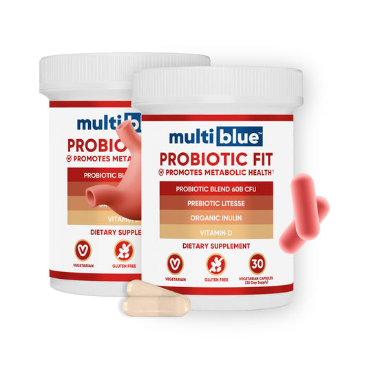 MultiBlue Probiotic Fit bottle and capsules for daily gut balance and overall wellness.