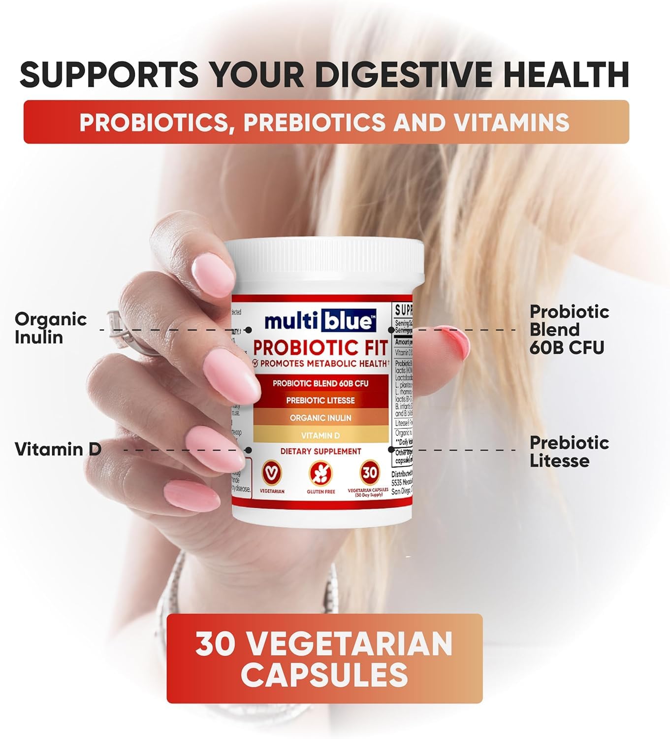 MultiBlue Probiotic Fit with green tea extract signals natural energy support.