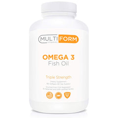Multiform Omega-3 bottle with burpless coating for easy swallowing.