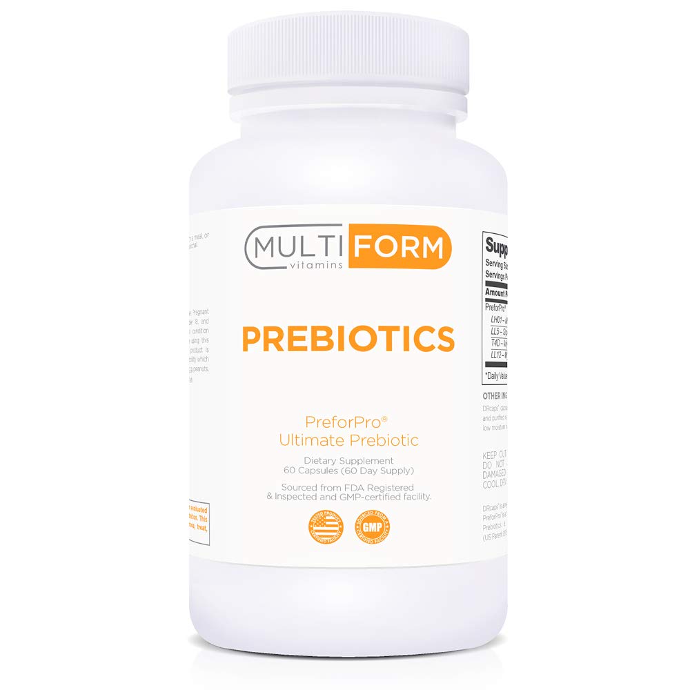 Multiform Vitamins Prebiotics bottle front highlighting shelf-stable gut health