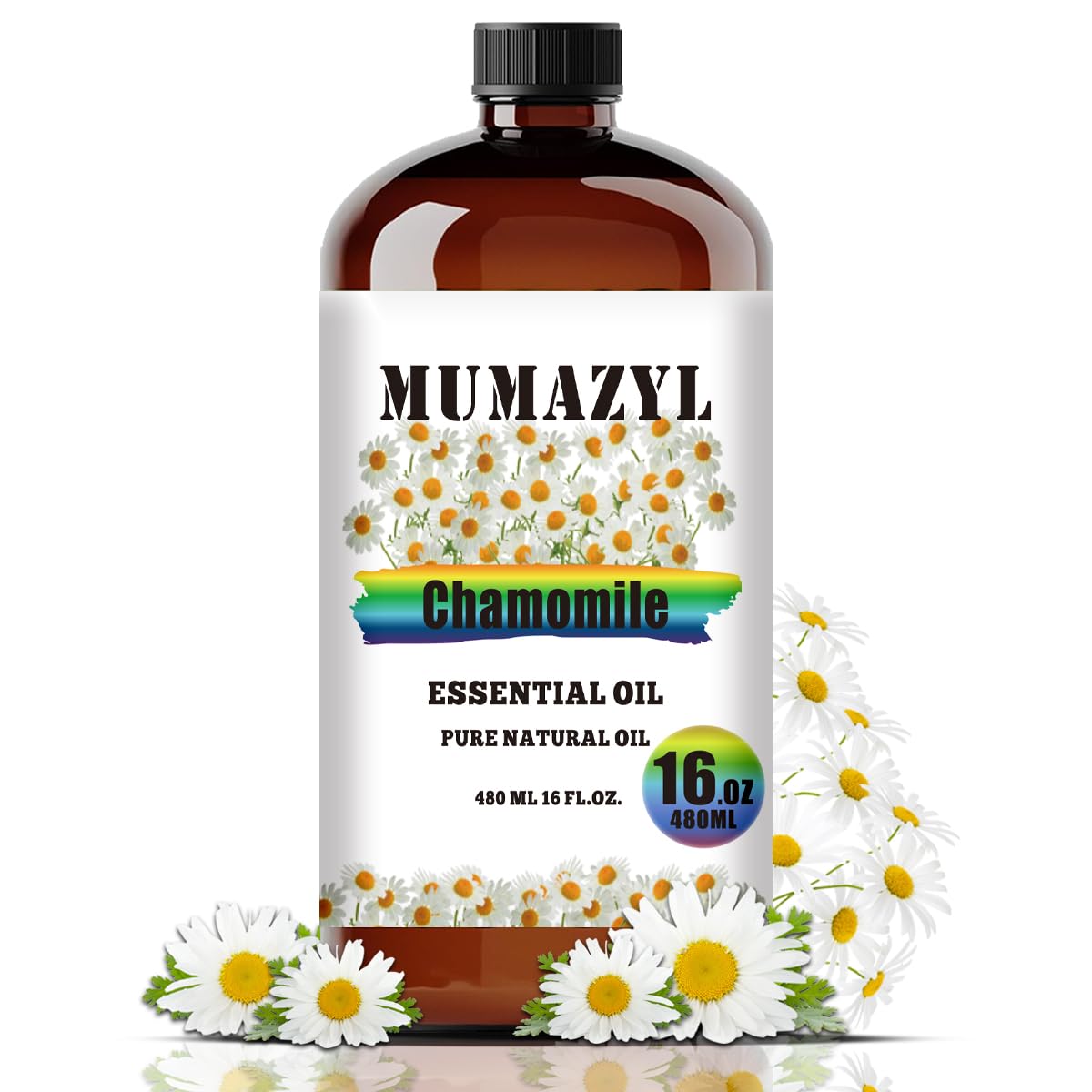 MUMAZYL Chamomile Oil bottle in amber glass, premium packaging ready for diffusers.