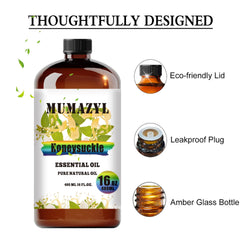 Close-up of amber glass bottle with flow control stopper for MUMAZYL Honeysuckle oil
