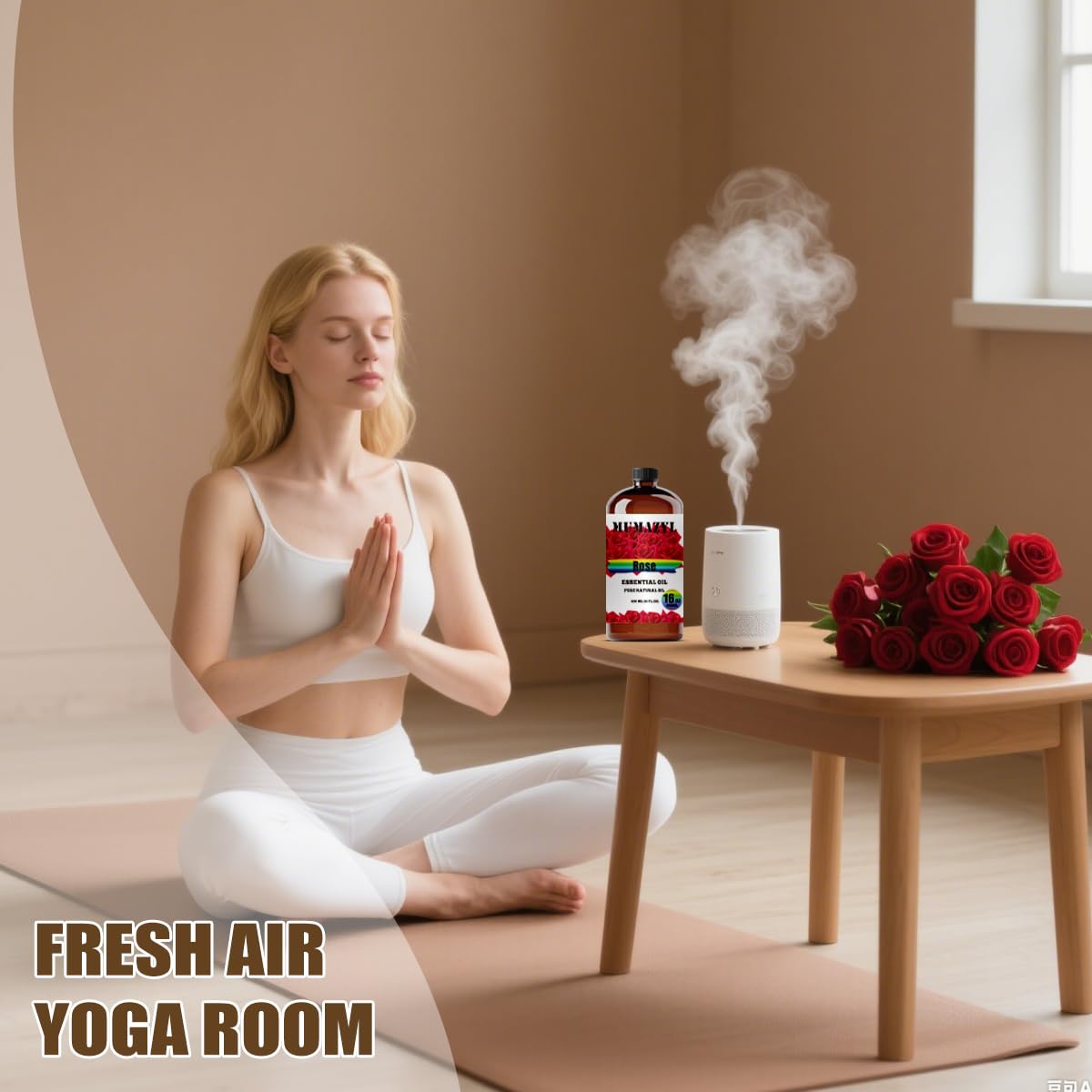 MUMAZYL Rose Oil for diffuser ambiance during yoga or relaxation.
