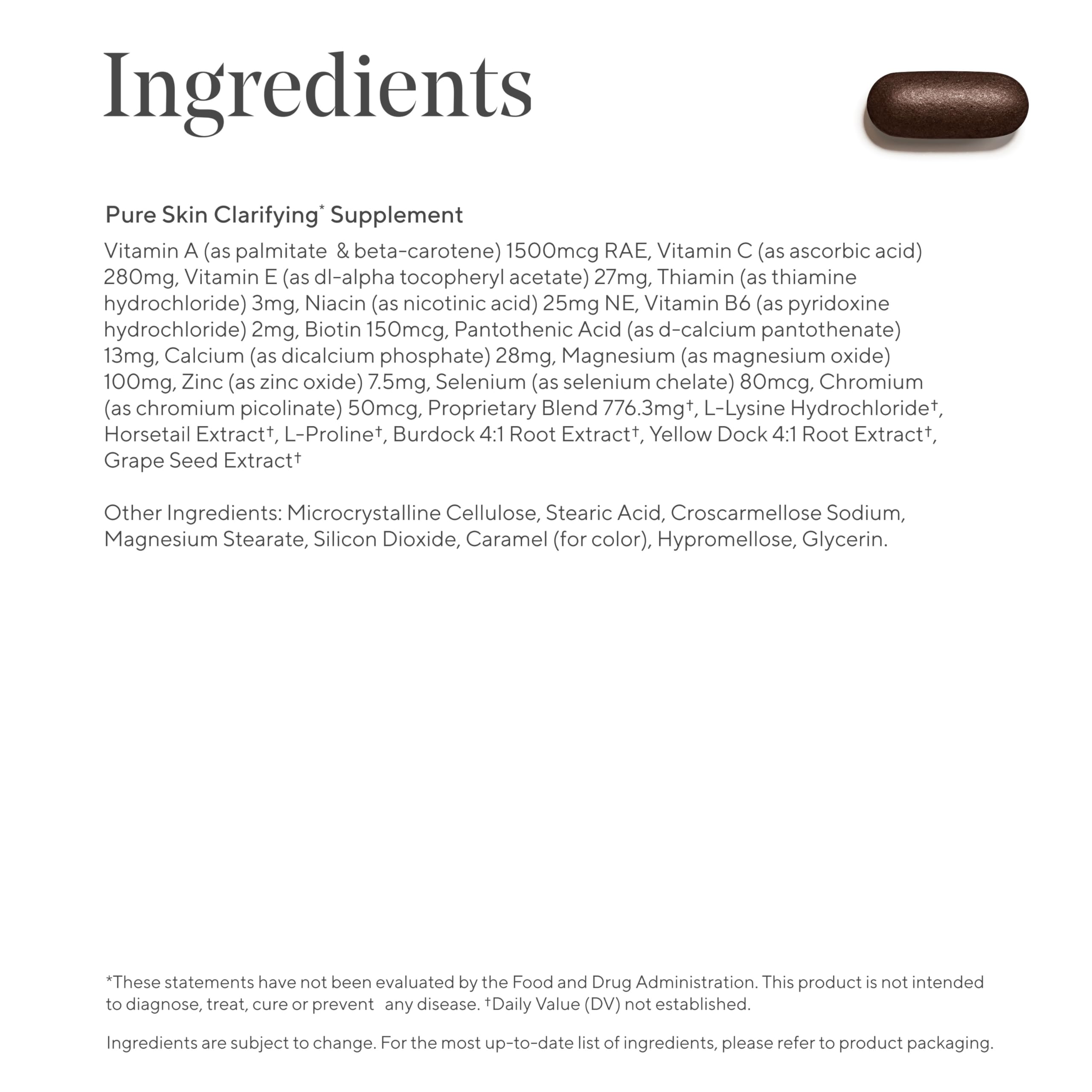 Murad Pure Skin supplements image shows ingredients like zinc and burdock root