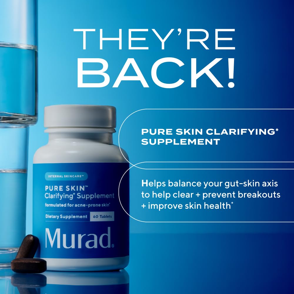 Murad Pure Skin packaging emphasizes 60-tablet bottle for ongoing use
