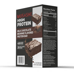 Musashi high-protein bar bar closeup highlights milk chocolate flavor for post-workout snacking.