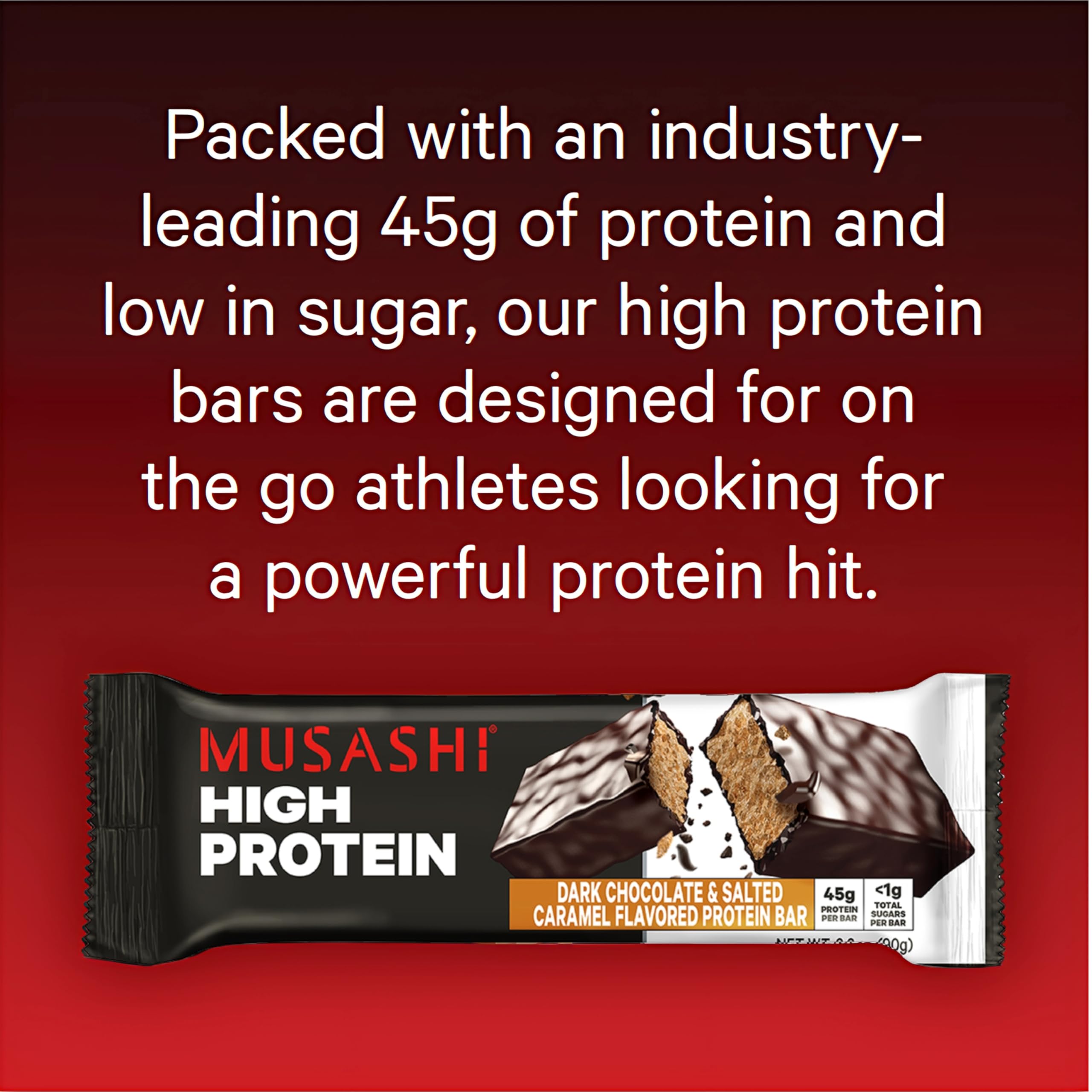 Musashi bar dark chocolate coating offers rich flavor with low sugar