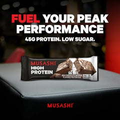 Musashi high-protein bar milk chocolate brownie slice shows appealing texture.