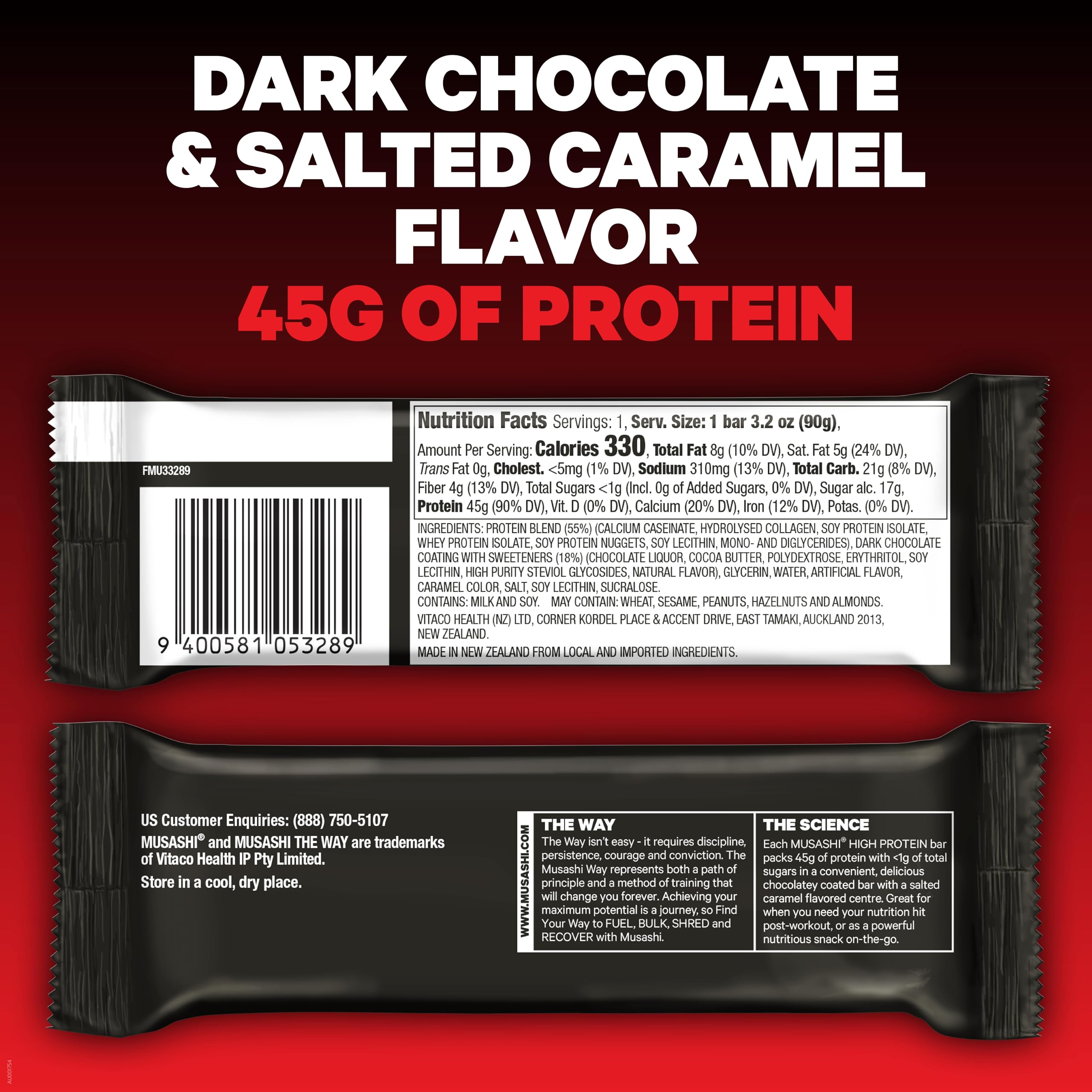 Musashi bar nutrition label highlights 45g protein per bar