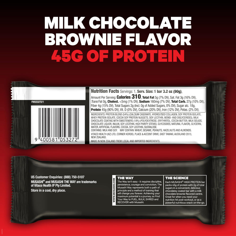 Musashi high-protein bar nutrition panel closeup helps informed snack choices.
