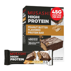 MUSASHI High Protein Bar package with peanut butter and milk chocolate coating for on-the-go fueling