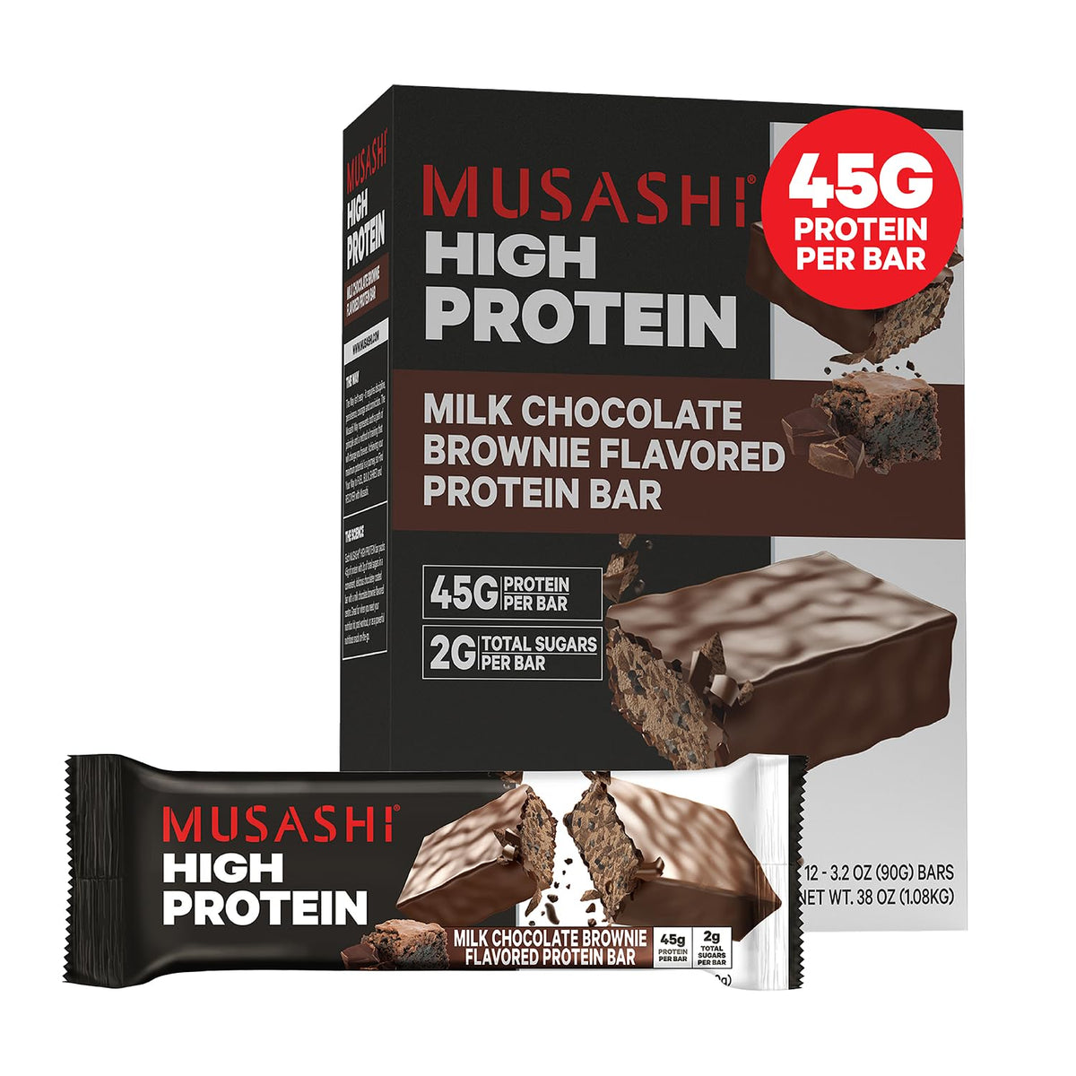 Musashi high-protein bar packaging front for on-the-go fueling.