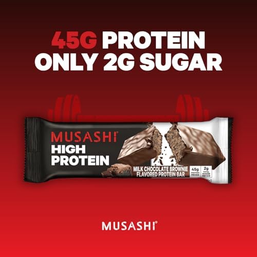Musashi high-protein bar whey protein isolate closeup emphasizes high protein content.