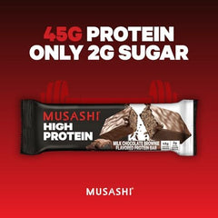Musashi high-protein bar whey protein isolate closeup emphasizes high protein content.