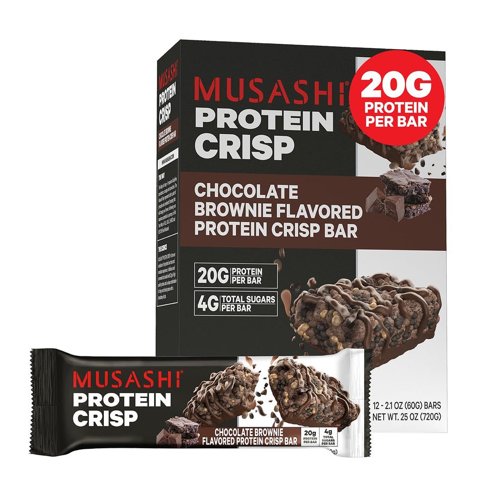 MUSASHI Protein Crisp Bar chocolate brownie front pack highlighting convenient post-workout fuel