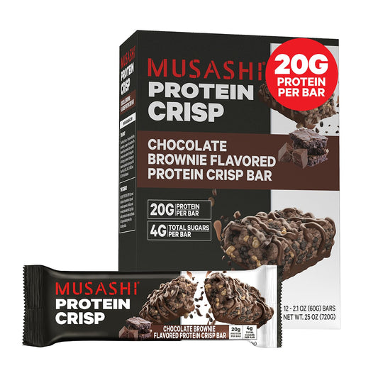 MUSASHI Protein Crisp Bar chocolate brownie front pack highlighting convenient post-workout fuel