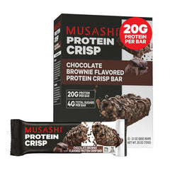 MUSASHI Protein Crisp Bar chocolate brownie front pack highlighting convenient post-workout fuel