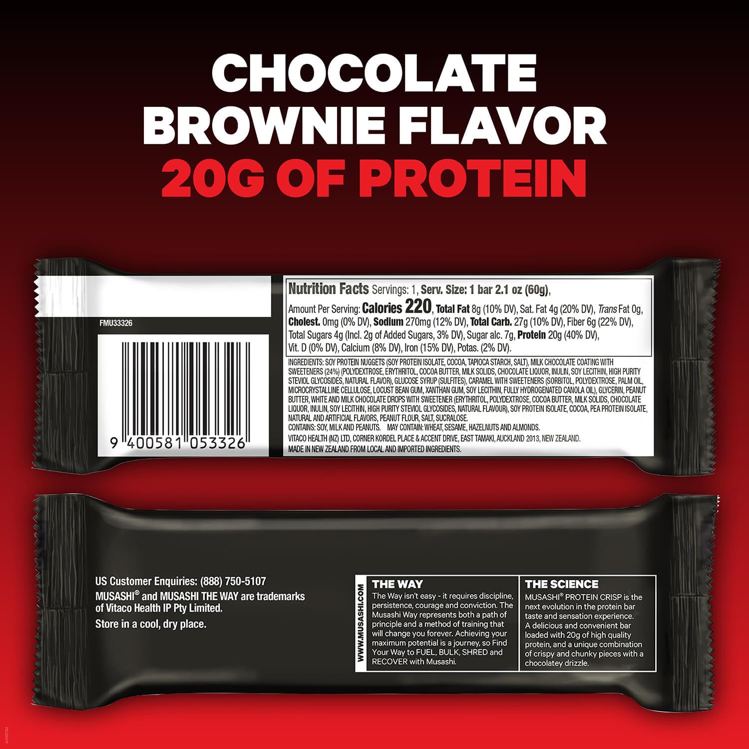 Milk chocolate drizzle close-up on MUSASHI Protein Crisp Bar