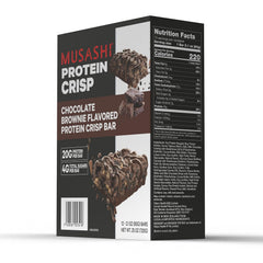 Nutritional panel of MUSASHI Protein Crisp Bar showing 20g protein and low sugar
