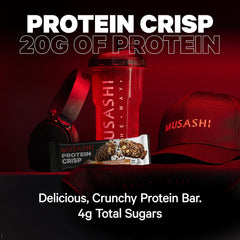 Post-workout recovery scene with MUSASHI bar and water