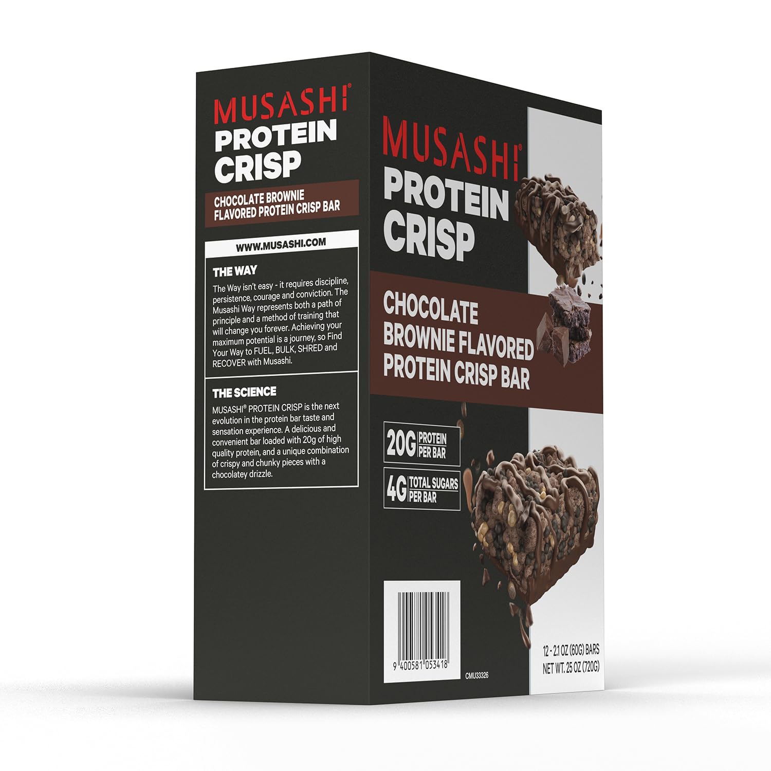 Retail display image for MUSASHI protein bars in USA launch context