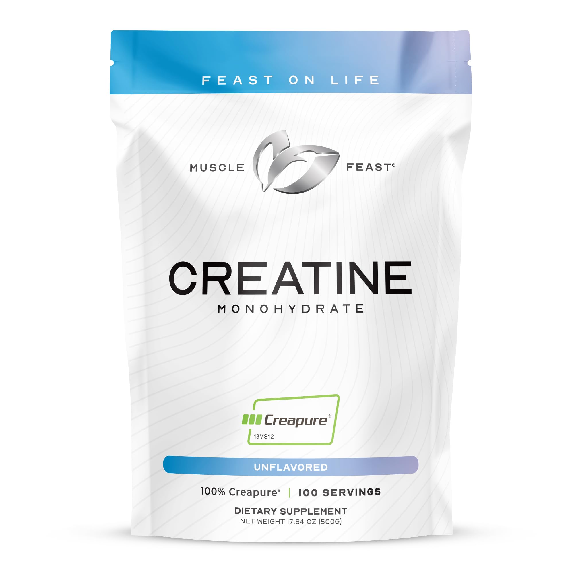 Muscle Feast Creapure bottle close-up highlighting vegan, pure creatine for clean workouts.