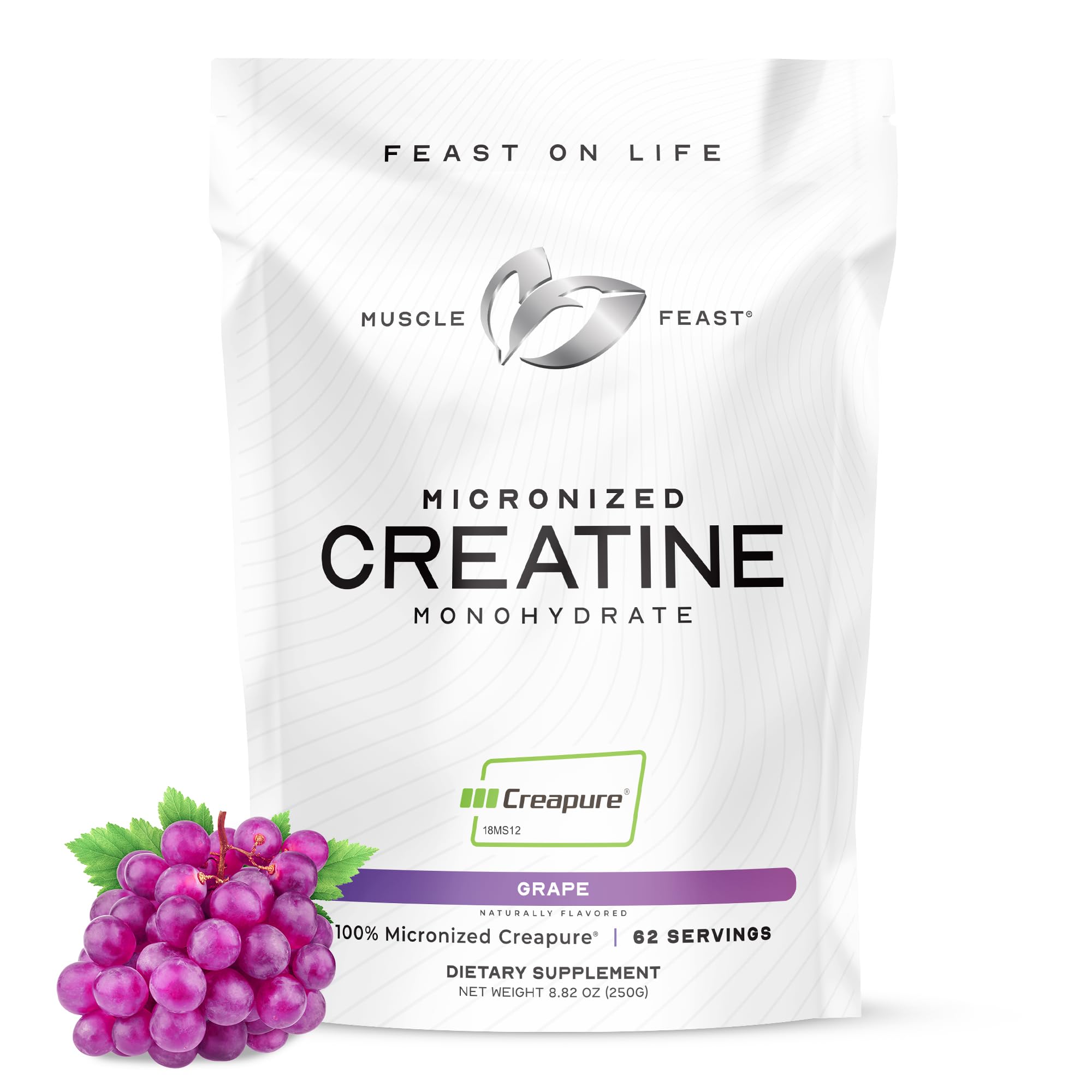 Muscle Feast Creapure bottle front with grape flavor and 250g size