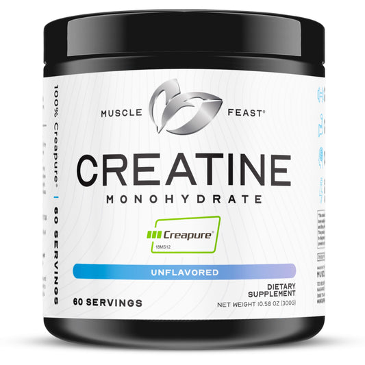 Muscle Feast Creapure creatine powder in a jar for high intensity training