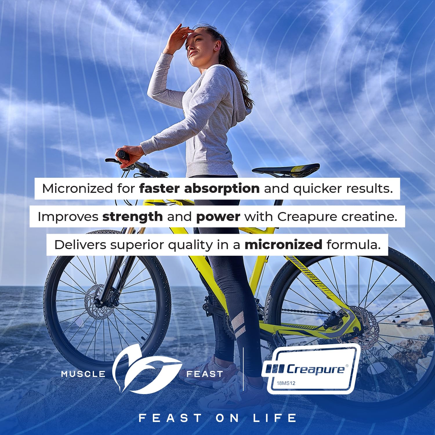 Muscle Feast Creapure bottle highlights endurance support during bursts.
