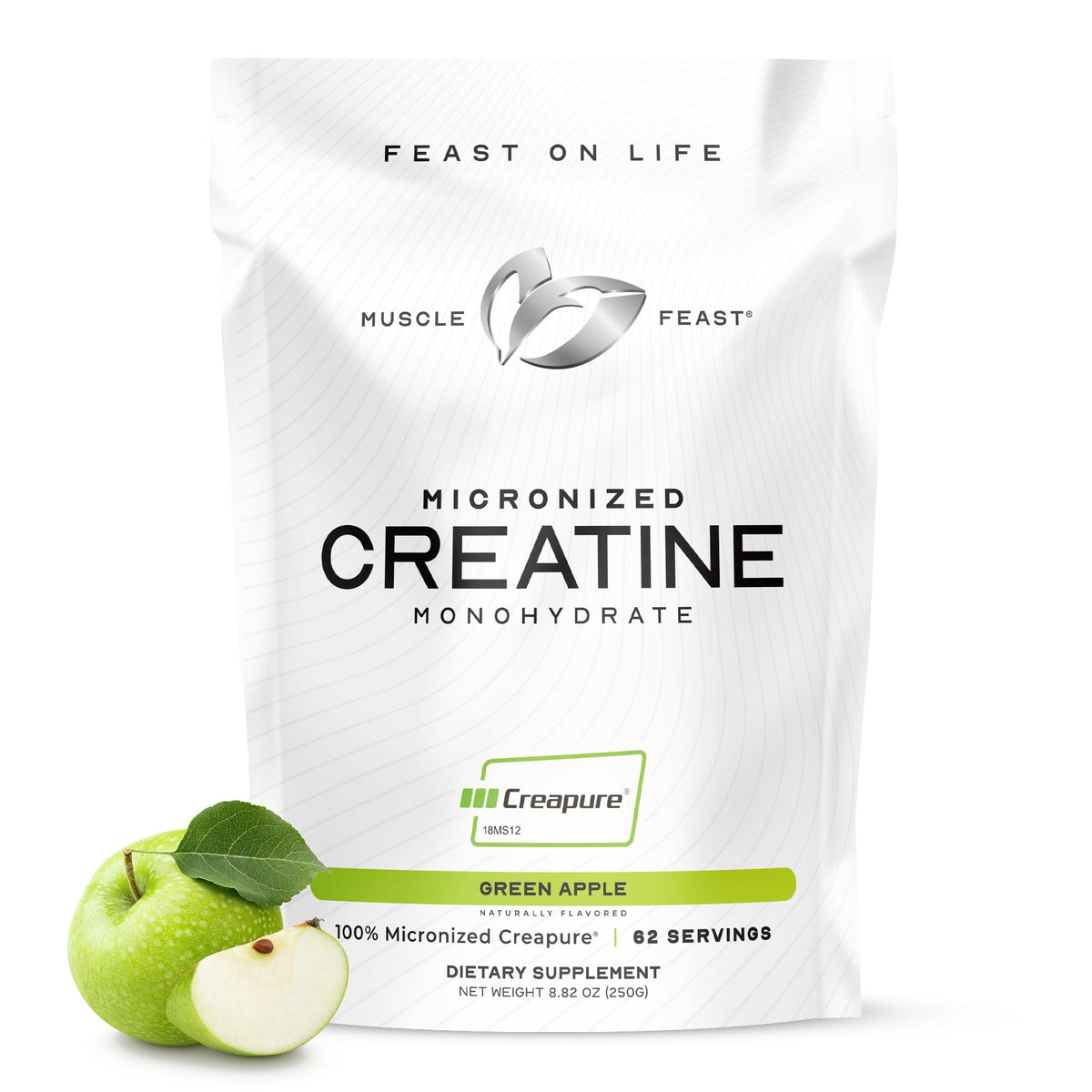 Muscle Feast Creapure Green Apple powder container for post-workout fueling.