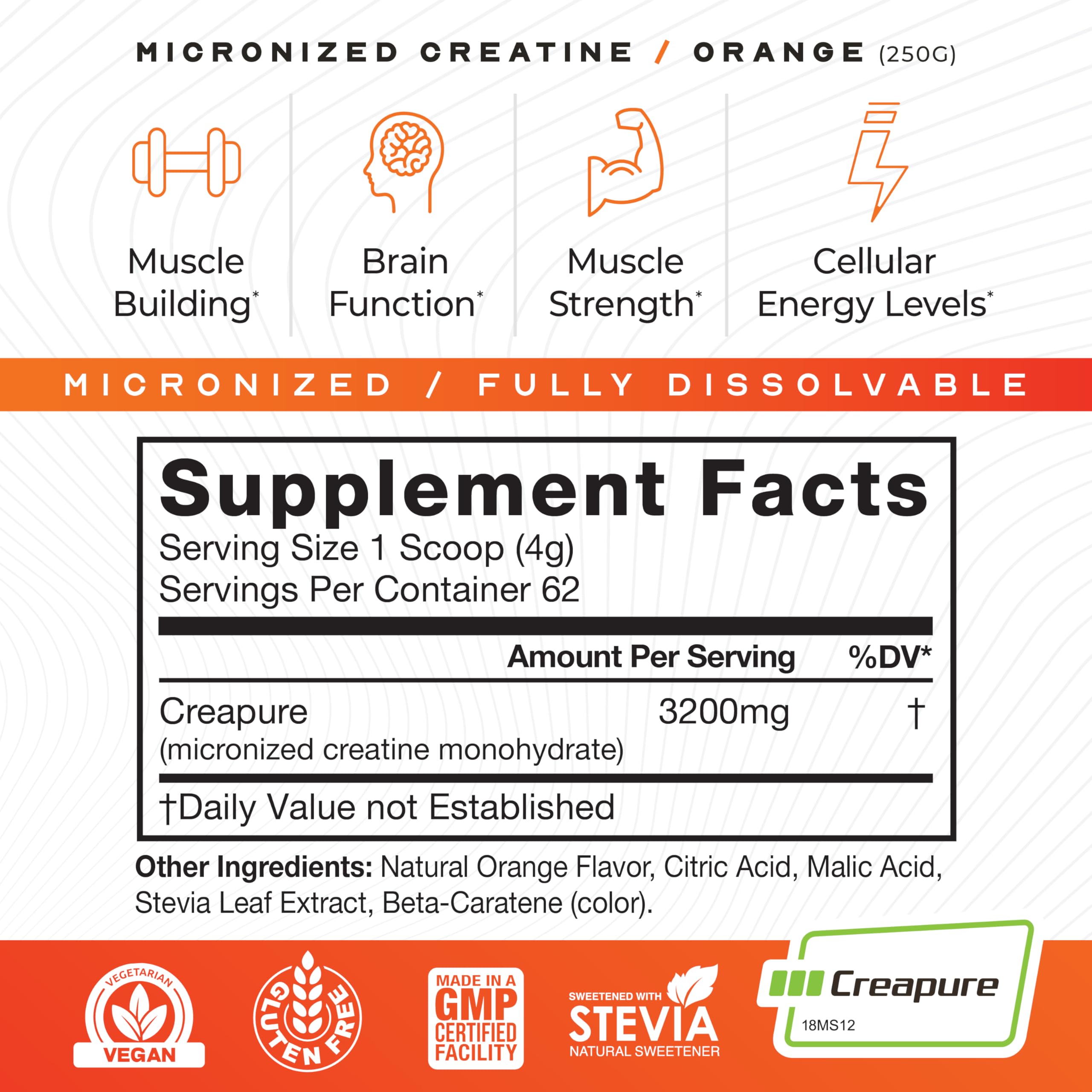 Muscle Feast Creapure orange label close-up showing German quality
