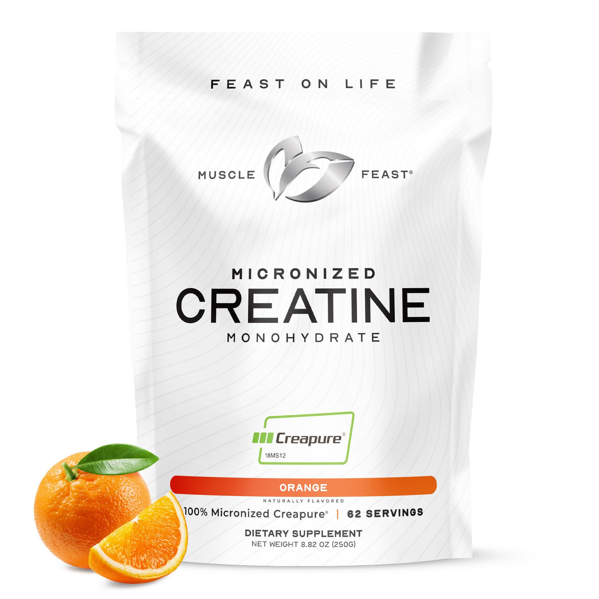 Muscle Feast Creapure orange powder in a jar for pure creatine support