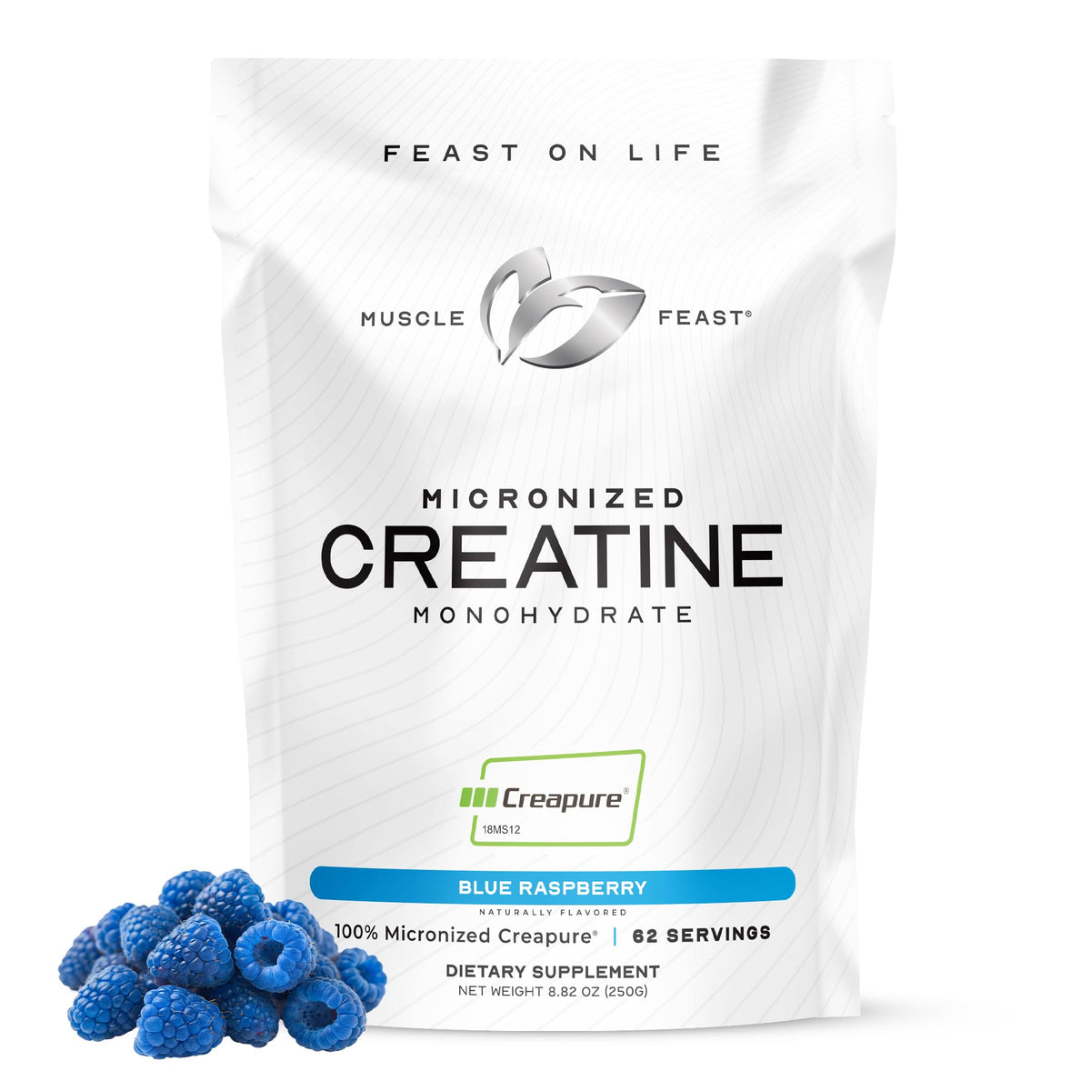 Muscle Feast Creapure powder in a jar for clean creatine supplementation.