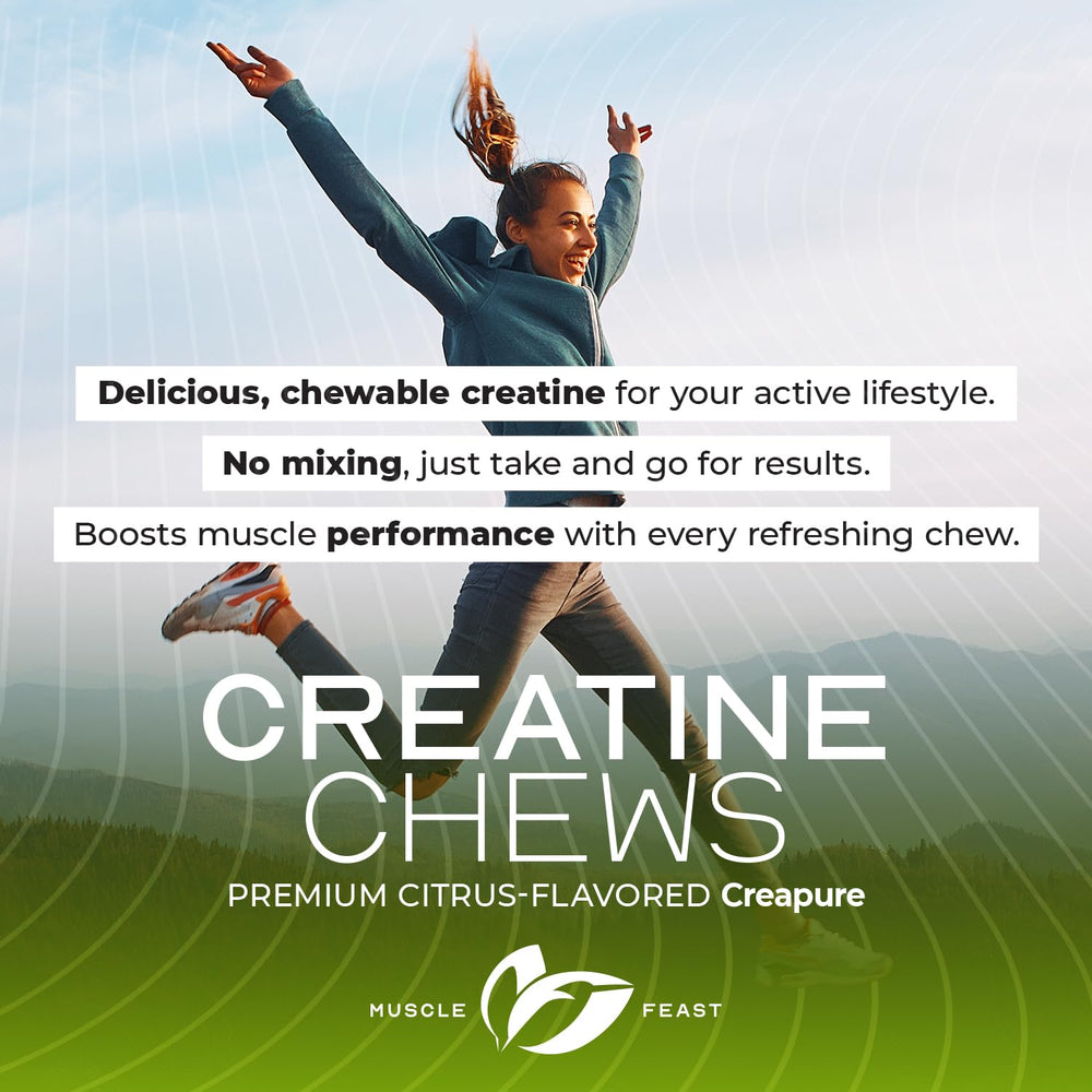 Muscle Feast Creatine Chews three-chews dose supports training sessions and quick energy.