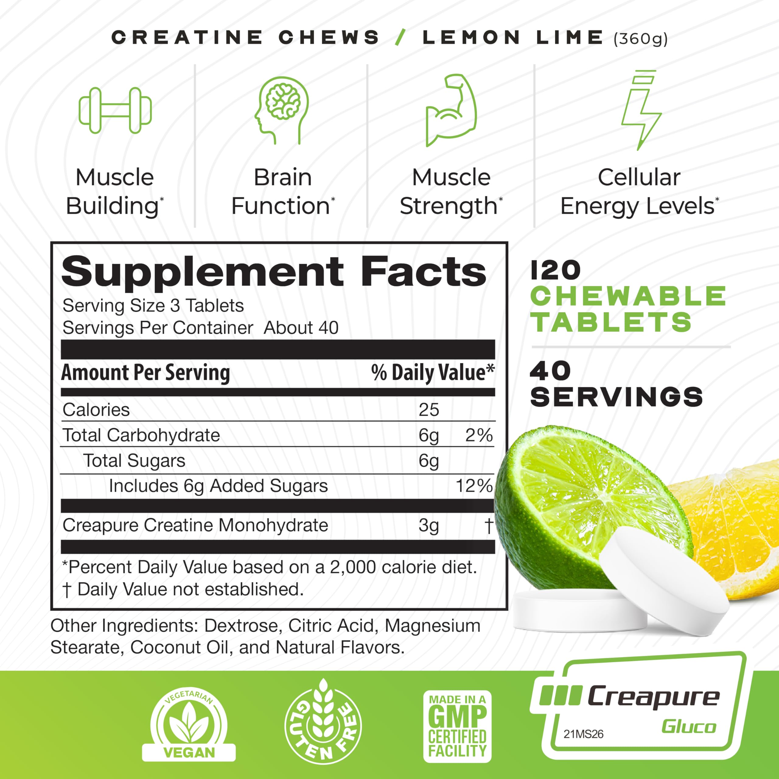 Muscle Feast Creatine Chews pack open shows serving size for daily supplementation.