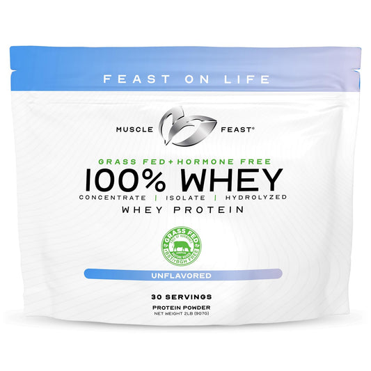 Muscle Feast grass-fed whey blend in a bag, highlighting pasture-raised quality.