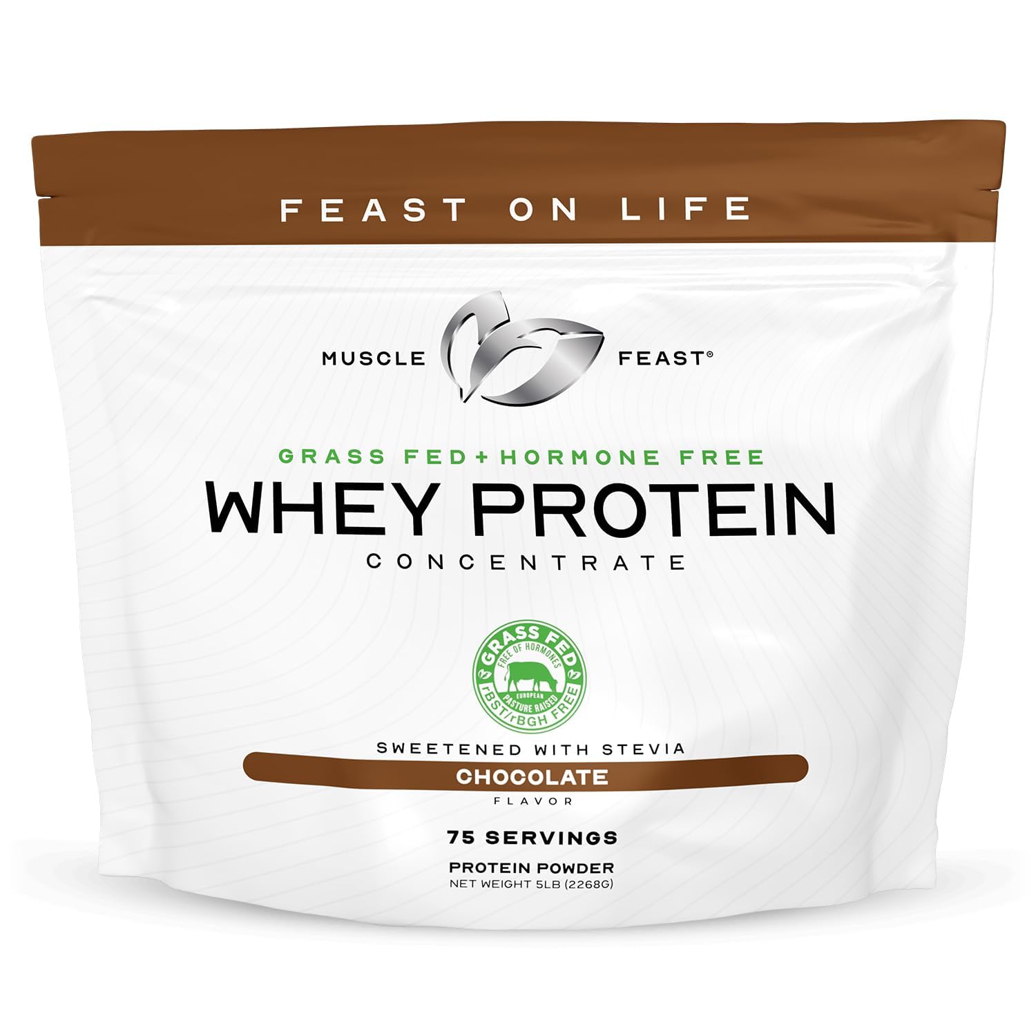 Muscle Feast grass-fed whey chocolate powder bag for daily shakes