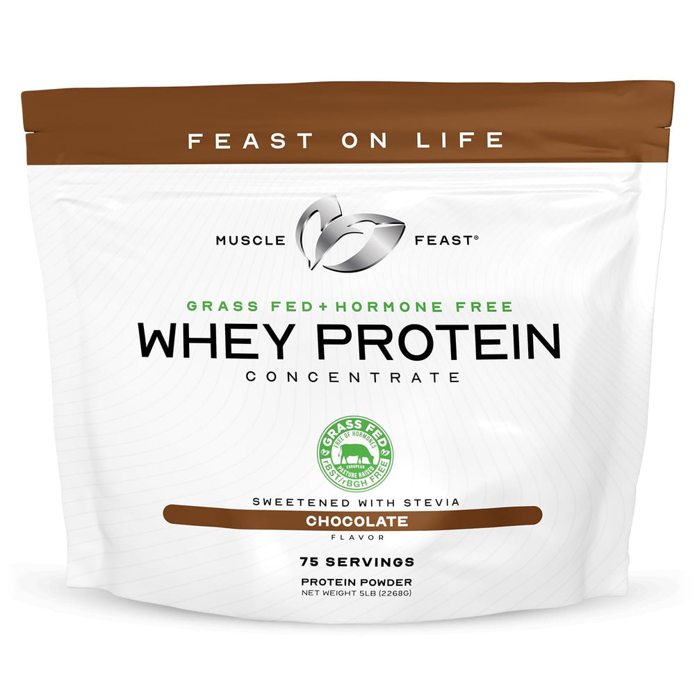Muscle Feast grass-fed whey chocolate powder bag for daily shakes