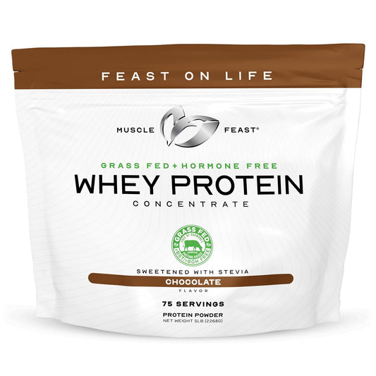 Muscle Feast grass-fed whey chocolate powder bag for daily shakes