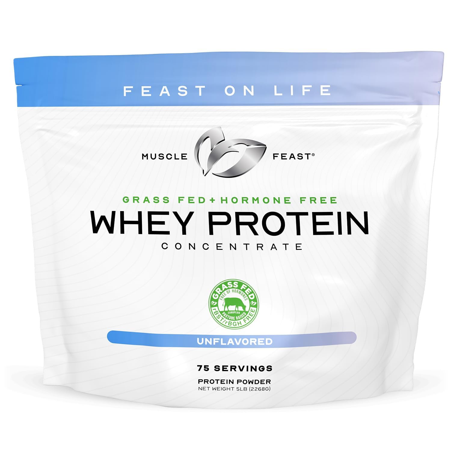 Muscle Feast grass-fed whey concentrate powder bag highlights natural ingredients for clean fueling.