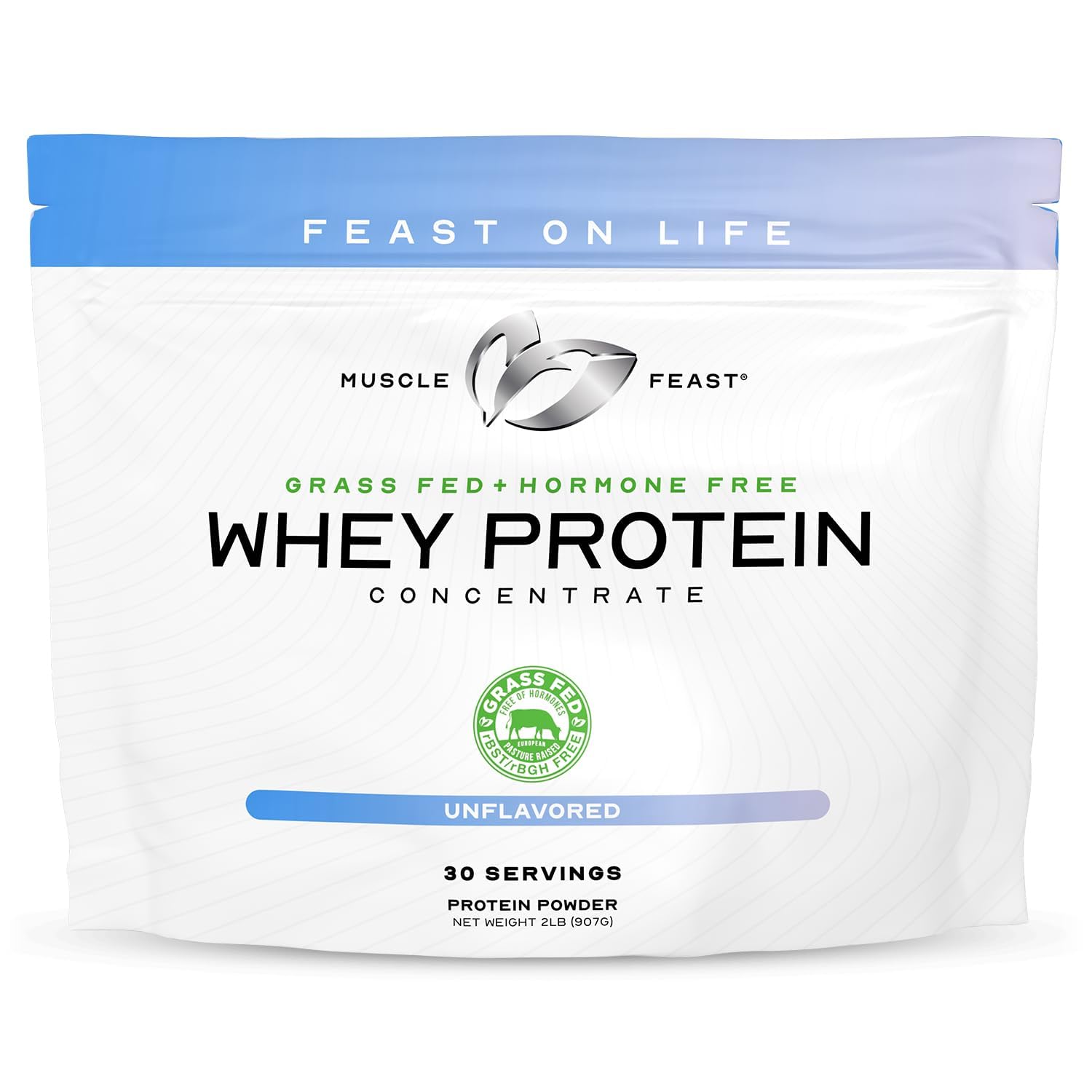 Muscle Feast grass-fed whey concentrate powder in a bag highlighting pasture-raised quality for clean protein.