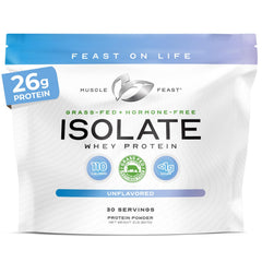 Muscle Feast grass-fed whey isolate bottle poured for a clean protein moment