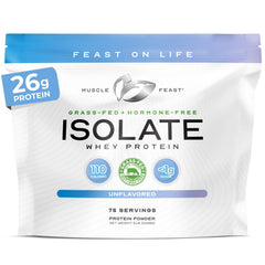 Muscle Feast grass-fed whey isolate bottle with scoop for convenient daily use