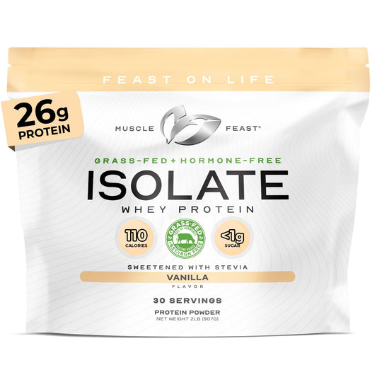 Muscle Feast grass-fed whey isolate vanilla bottle pour for quick post-workout protein
