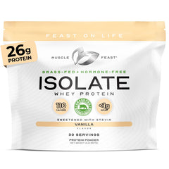 Muscle Feast grass-fed whey isolate vanilla bottle pour for quick post-workout protein