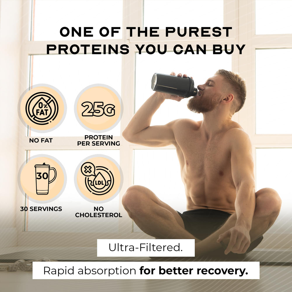 Muscle Feast grass-fed whey isolate vanilla shake glass shows creamy, low-carb nutrition