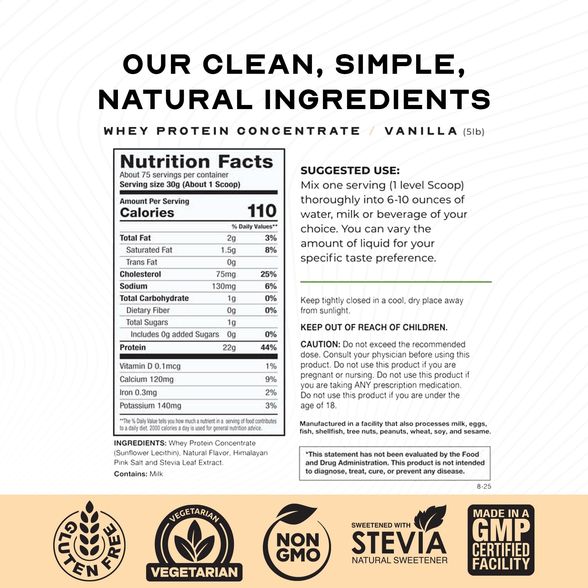 Muscle Feast grass-fed vanilla whey pack highlights natural ingredients and simple nutrition